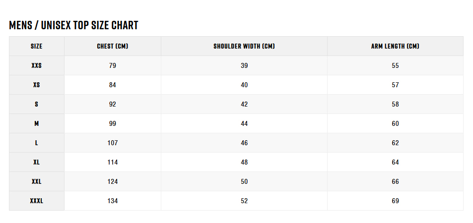 Zhik Mens Top 22 Mens Size Chart